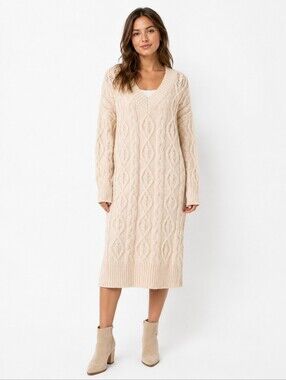 POL Cream Cable Knit Oversized V-Neck Sweater Dress NWOT